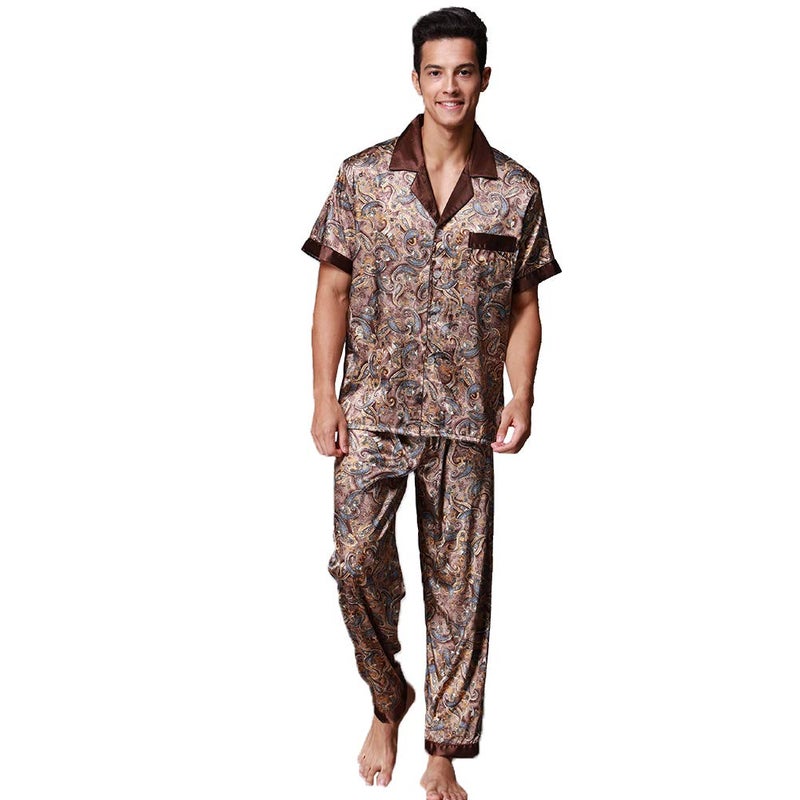 ZUEVI Men's Silk Satin Short Sleeve Pajamas Set Dragon Pattern Loungewear Button Down Pjs Set for Men(Coffee-L) - Image 1